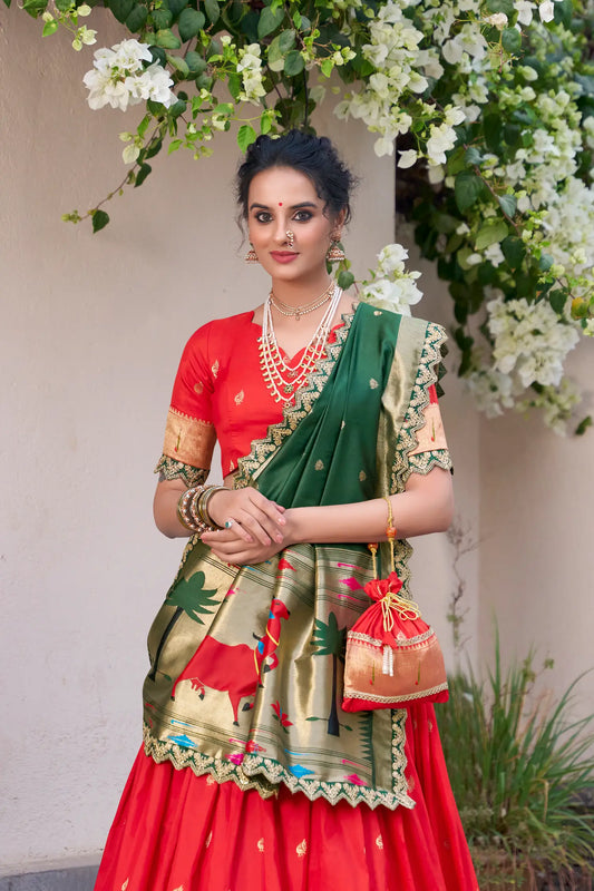 Bright Red Jacquard Silk Paithani Lehenga Choli With Zari Weaving Work & Embroidery Lace Border