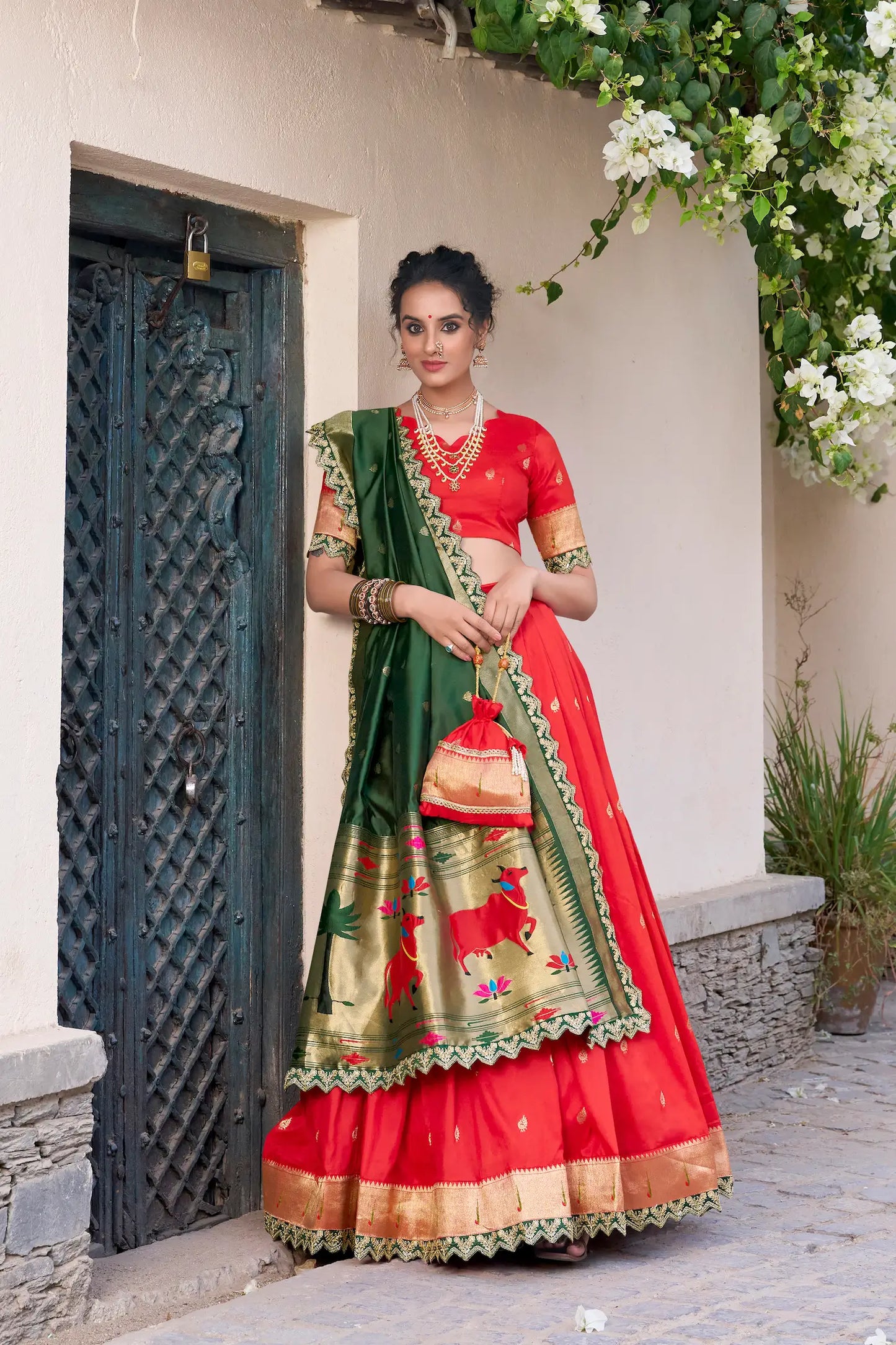 Bright Red Jacquard Silk Paithani Lehenga Choli With Zari Weaving Work & Embroidery Lace Border