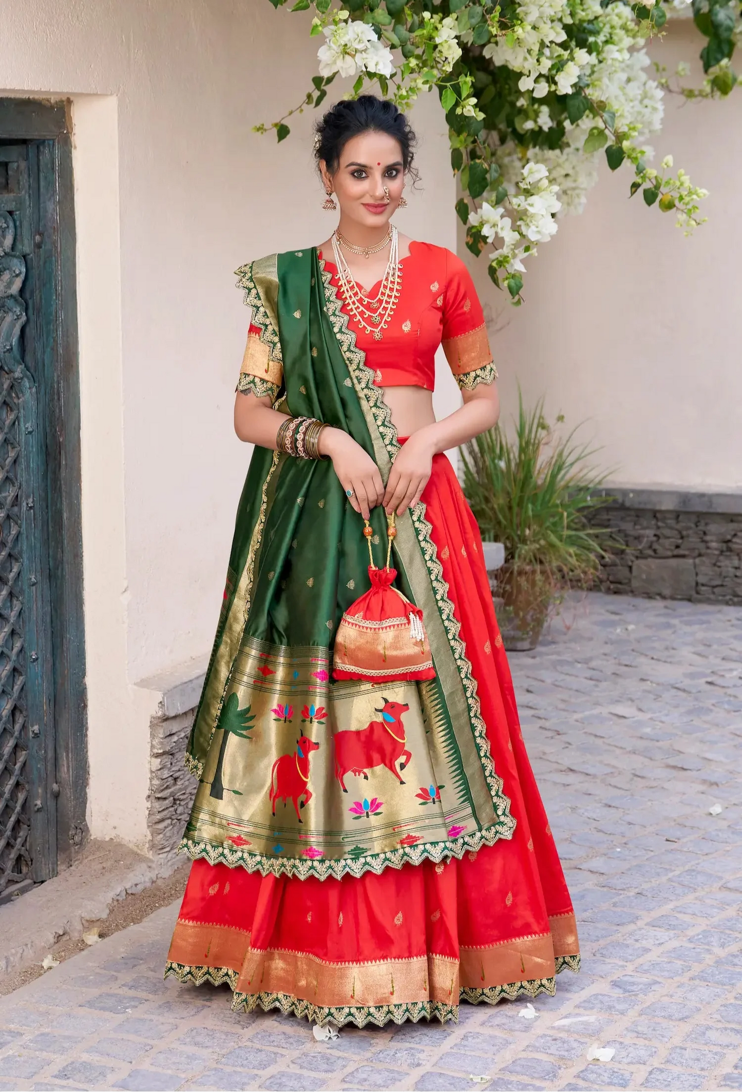 Bright Red Jacquard Silk Paithani Lehenga Choli With Zari Weaving Work & Embroidery Lace Border