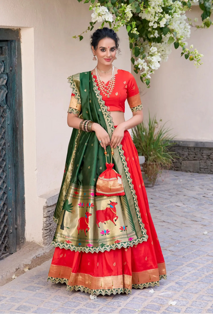 Bright Red Jacquard Silk Paithani Lehenga Choli With Zari Weaving Work & Embroidery Lace Border