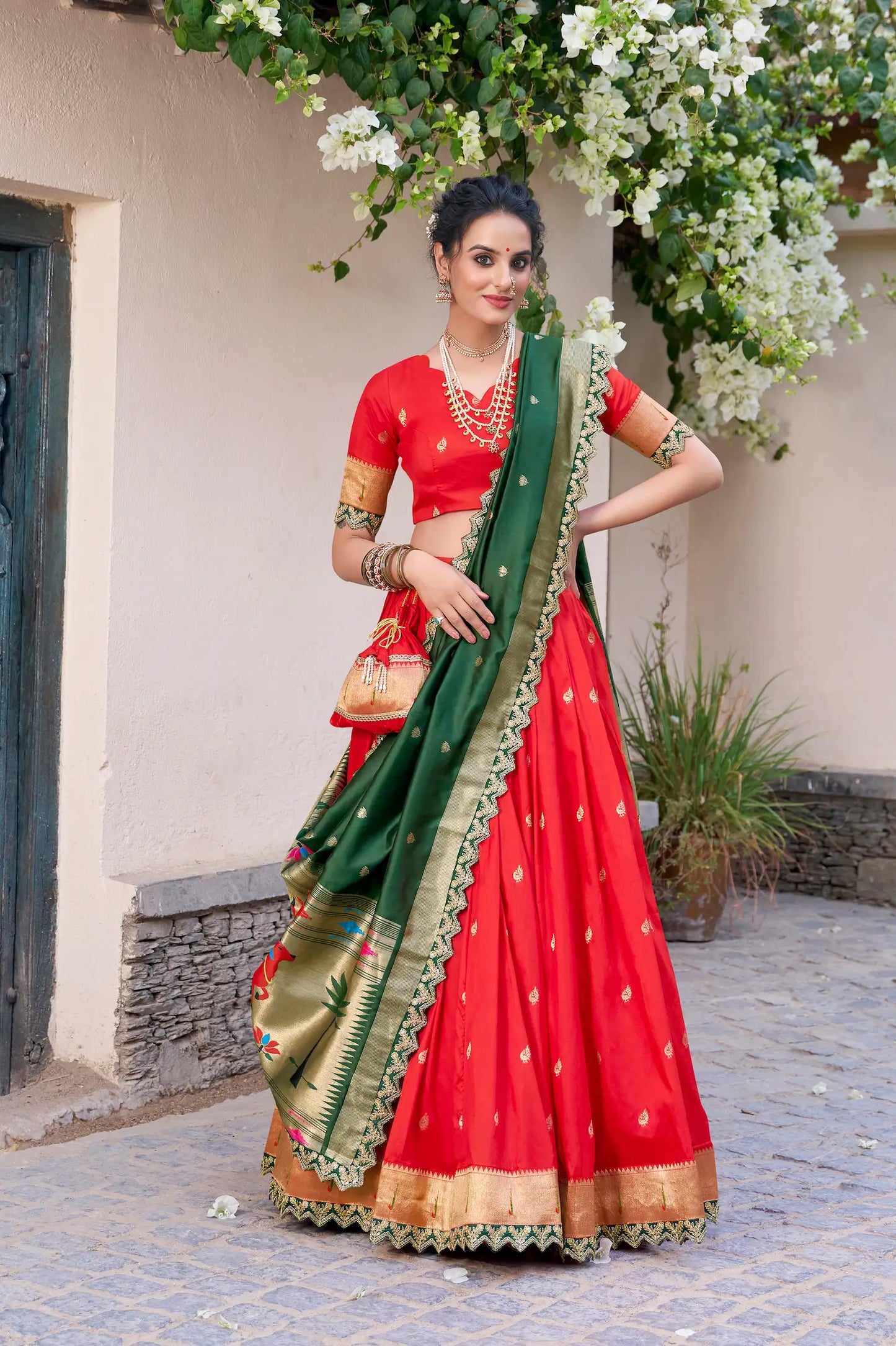 Bright Red Jacquard Silk Paithani Lehenga Choli With Zari Weaving Work & Embroidery Lace Border