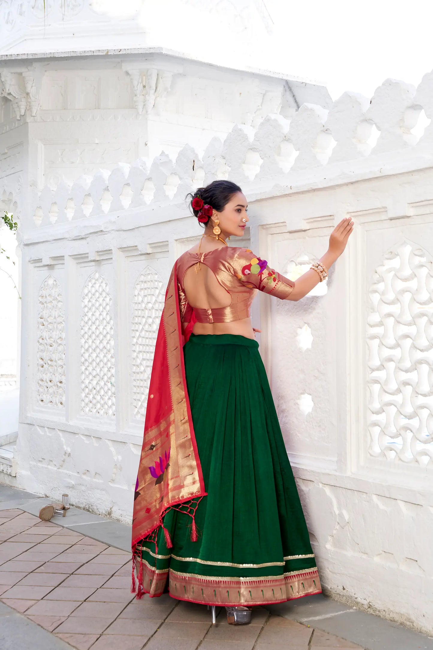 Green Vichitra Silk Paithani Lehenga Choli With Zari Weaving Work