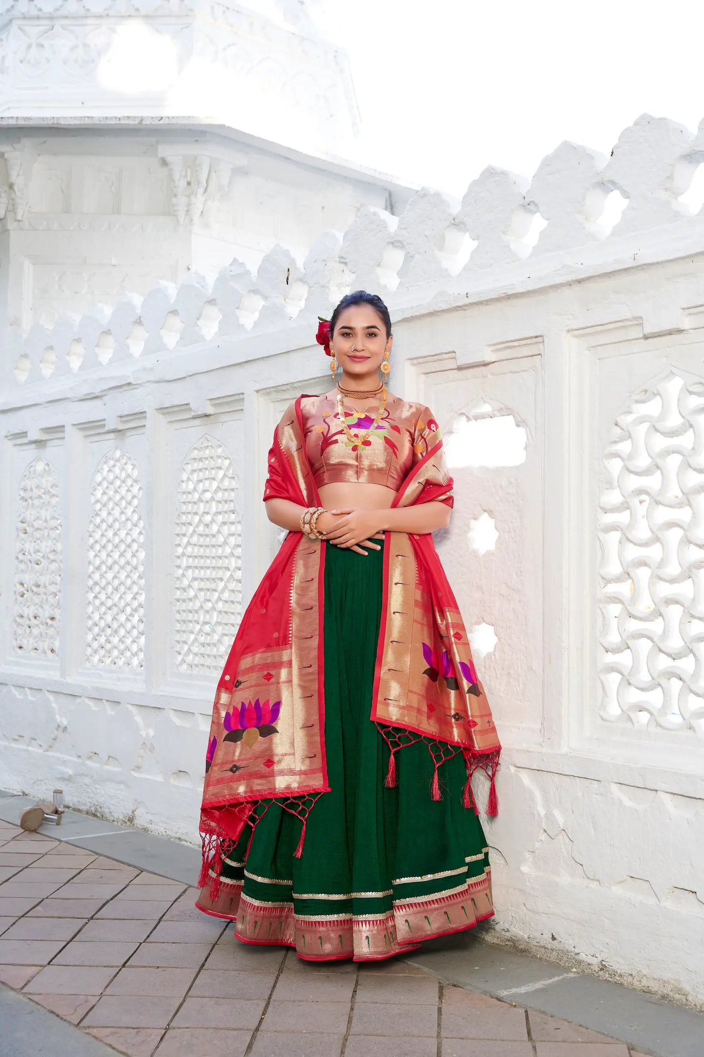 Green Vichitra Silk Paithani Lehenga Choli With Zari Weaving Work