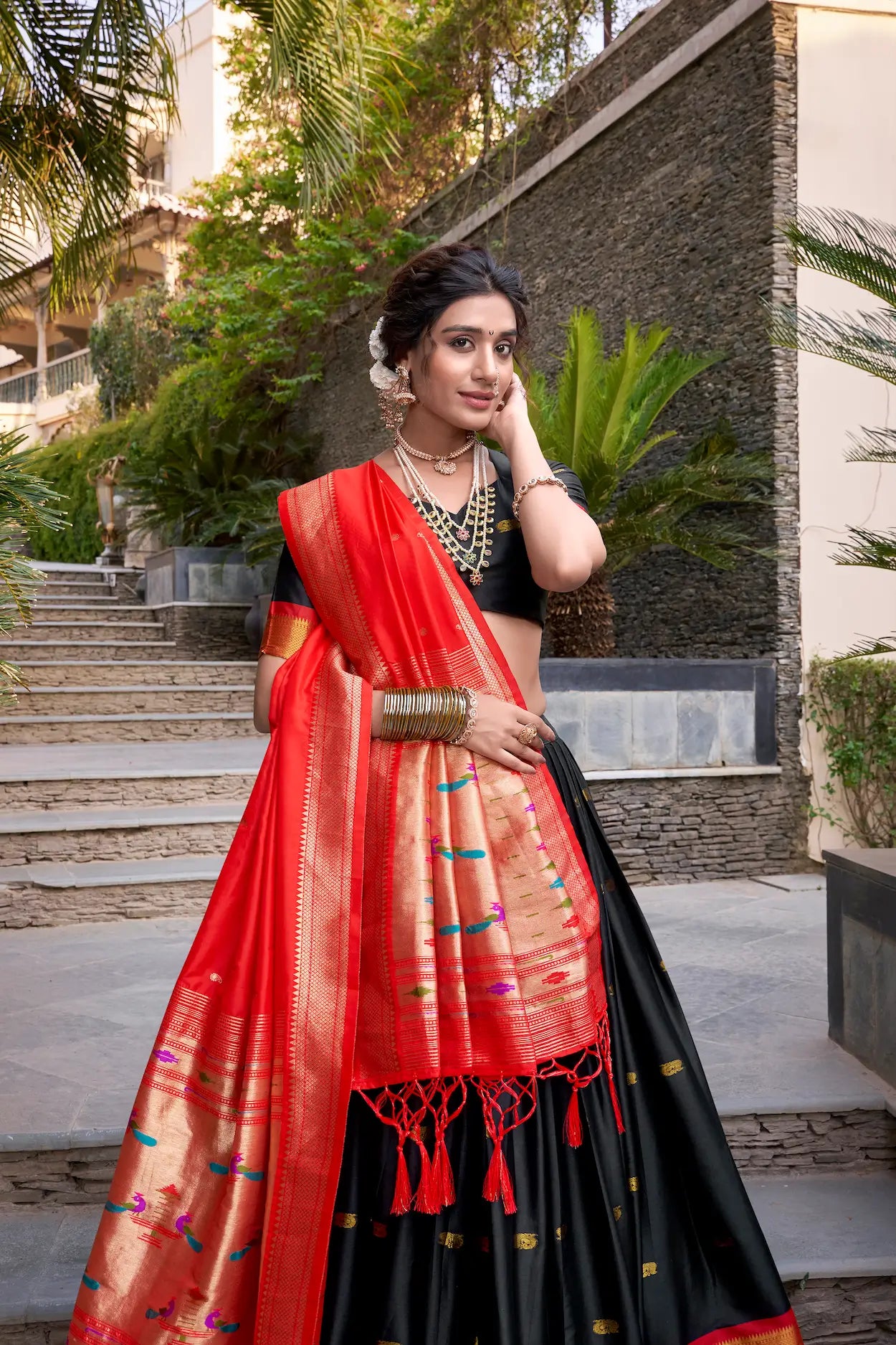 Black Jacquard Silk Paithani Lehenga Choli With Zari Weaving Work