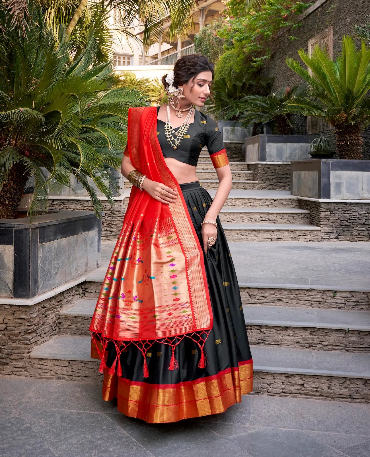 Black Jacquard Silk Paithani Lehenga Choli With Zari Weaving Work