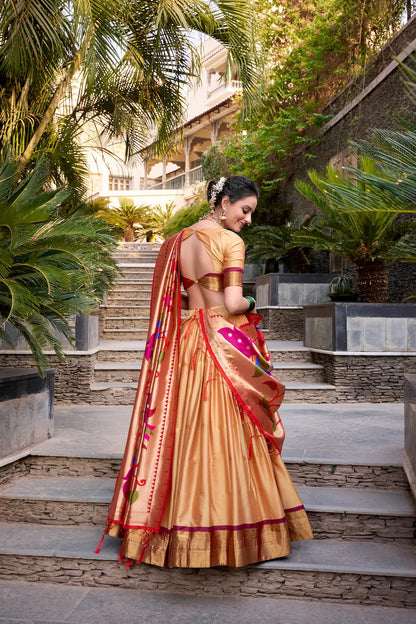 Beige Jacquard Silk Paithani Lehenga Choli With Zari Weaving Work