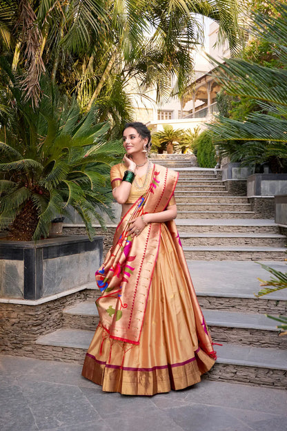Beige Jacquard Silk Paithani Lehenga Choli With Zari Weaving Work
