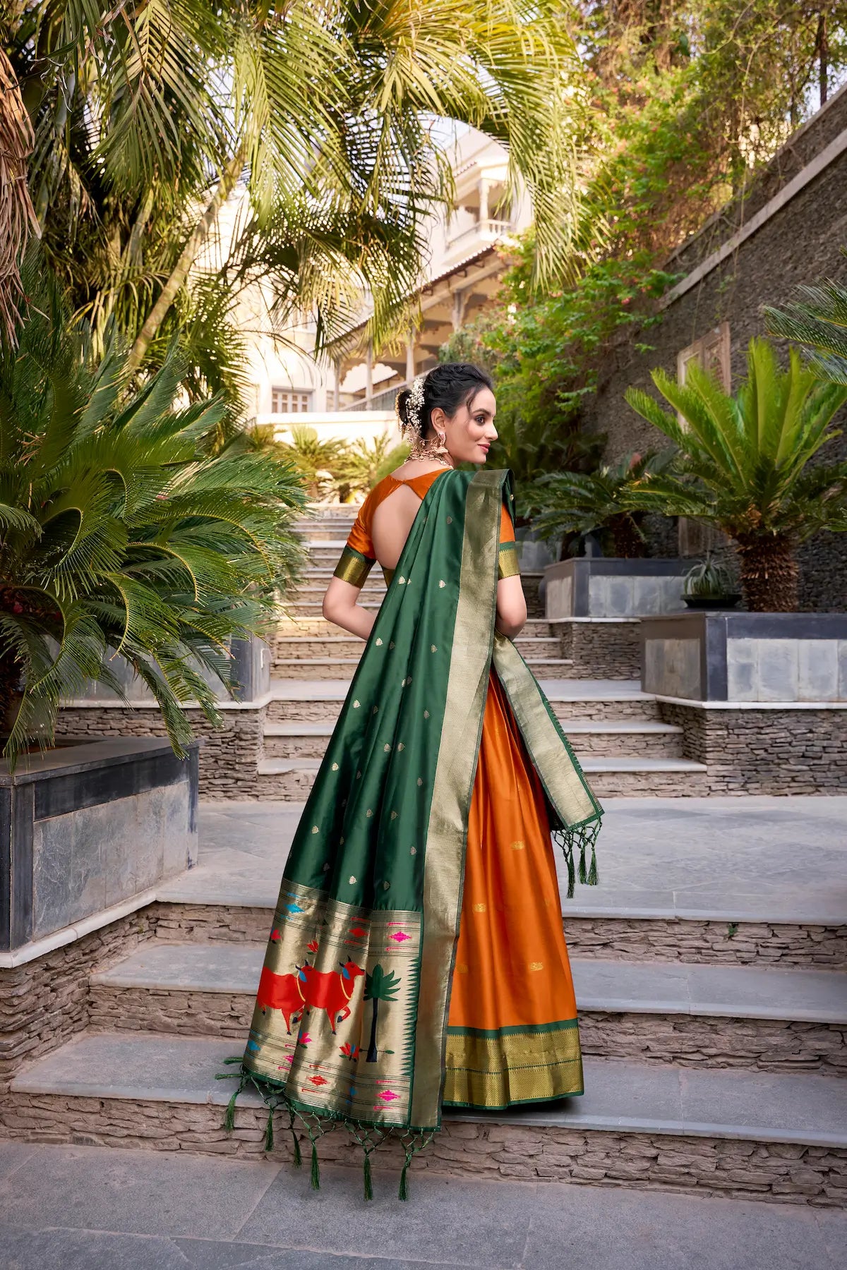 Orange Jacquard Silk Paithani Lehenga Choli With Zari Weaving Work