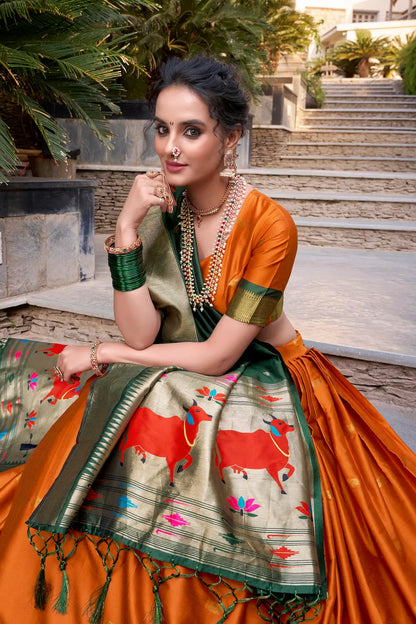 Orange Jacquard Silk Paithani Lehenga Choli With Zari Weaving Work