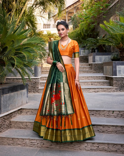 Orange Jacquard Silk Paithani Lehenga Choli With Zari Weaving Work