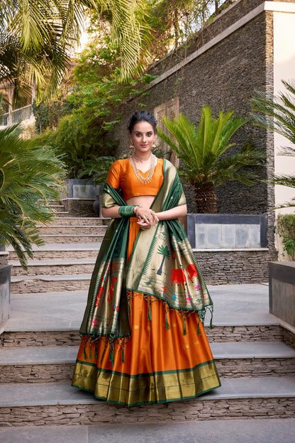 Orange Jacquard Silk Paithani Lehenga Choli With Zari Weaving Work