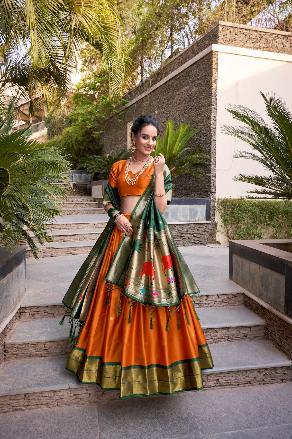 Orange Jacquard Silk Paithani Lehenga Choli With Zari Weaving Work