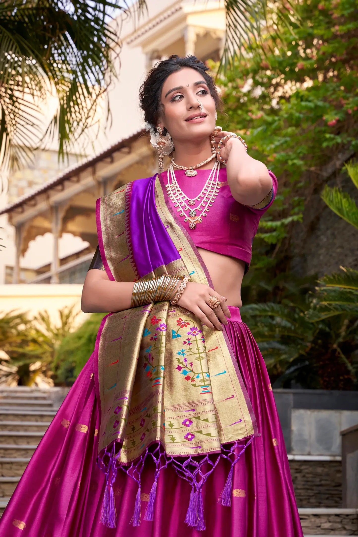 Pink Jacquard Silk Paithani Lehenga Choli With Zari Weaving Work