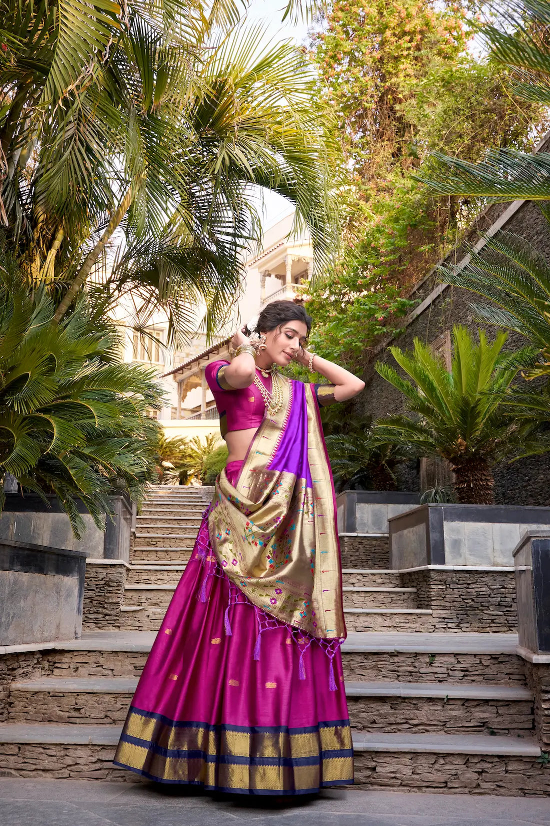 Pink Jacquard Silk Paithani Lehenga Choli With Zari Weaving Work