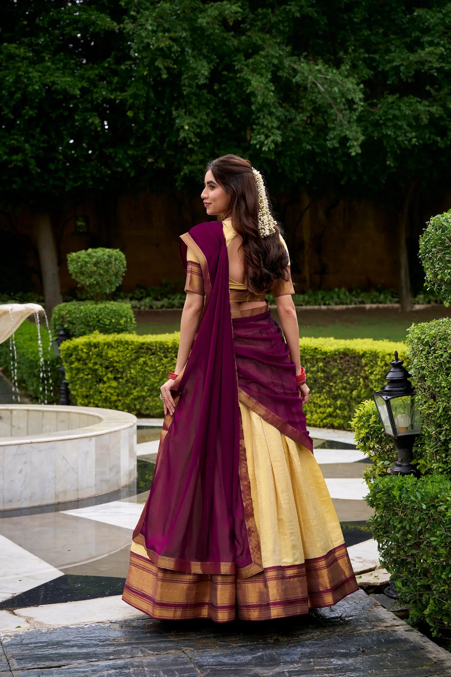 Beige-Wine Zari Weaving  Kanchipuram Lehenga Choli