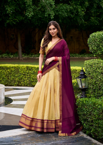 Beige-Wine Zari Weaving  Kanchipuram Lehenga Choli