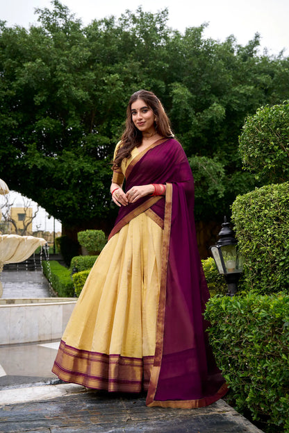Beige-Wine Zari Weaving  Kanchipuram Lehenga Choli