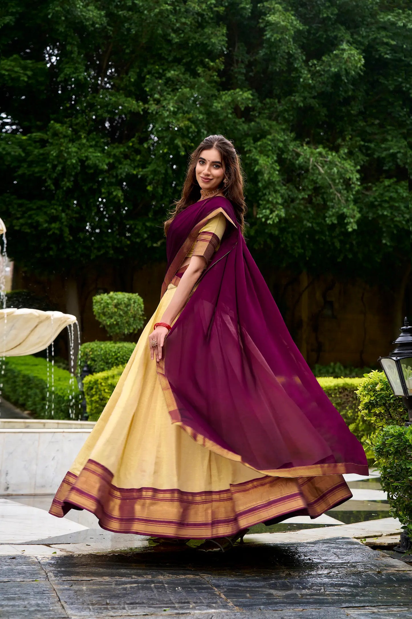Beige-Wine Zari Weaving  Kanchipuram Lehenga Choli
