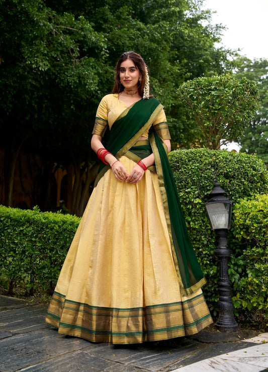 Beige-Green Zari Weaving  Kanchipuram Lehenga Choli