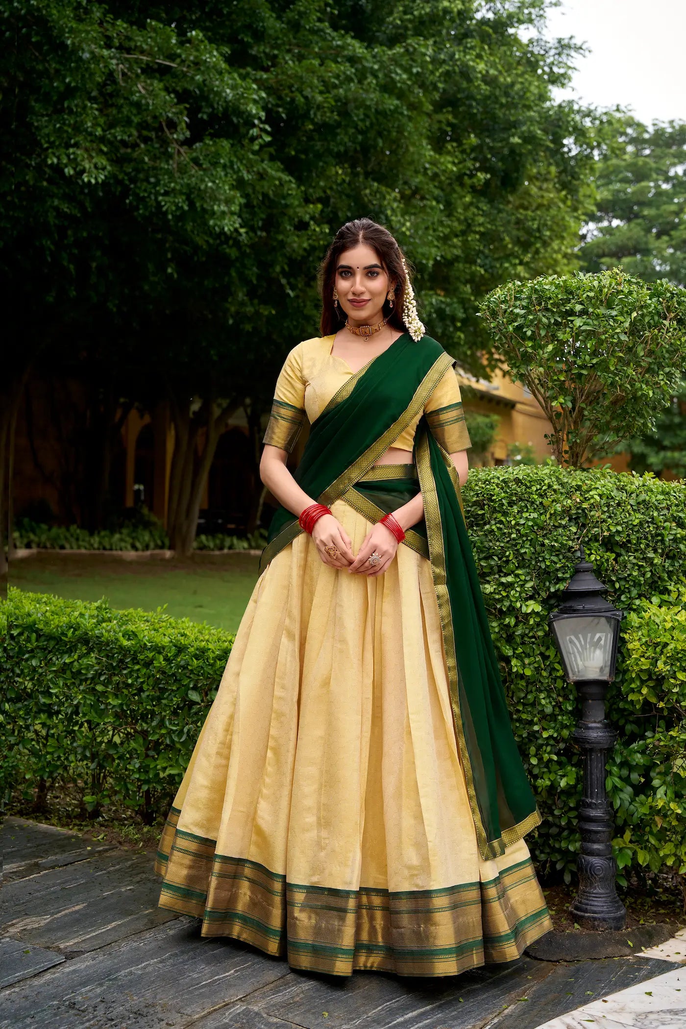 Beige-Green Zari Weaving  Kanchipuram Lehenga Choli
