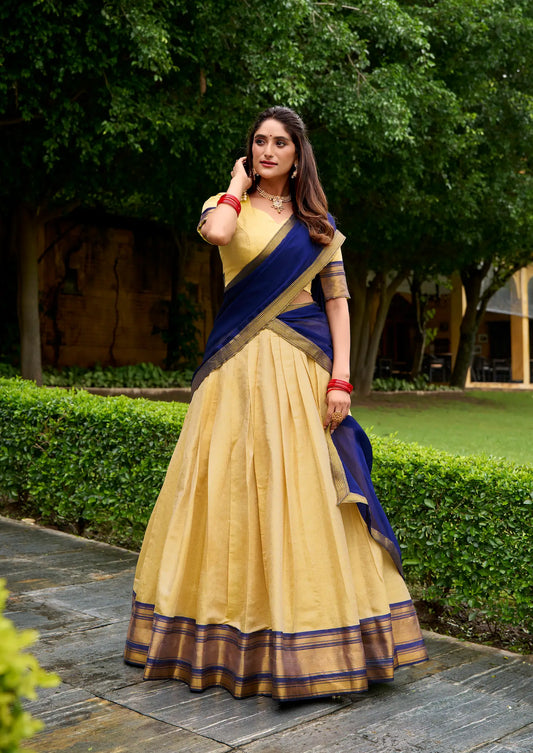 Beige-Navy Blue Zari Weaving  Kanchipuram Lehenga Choli