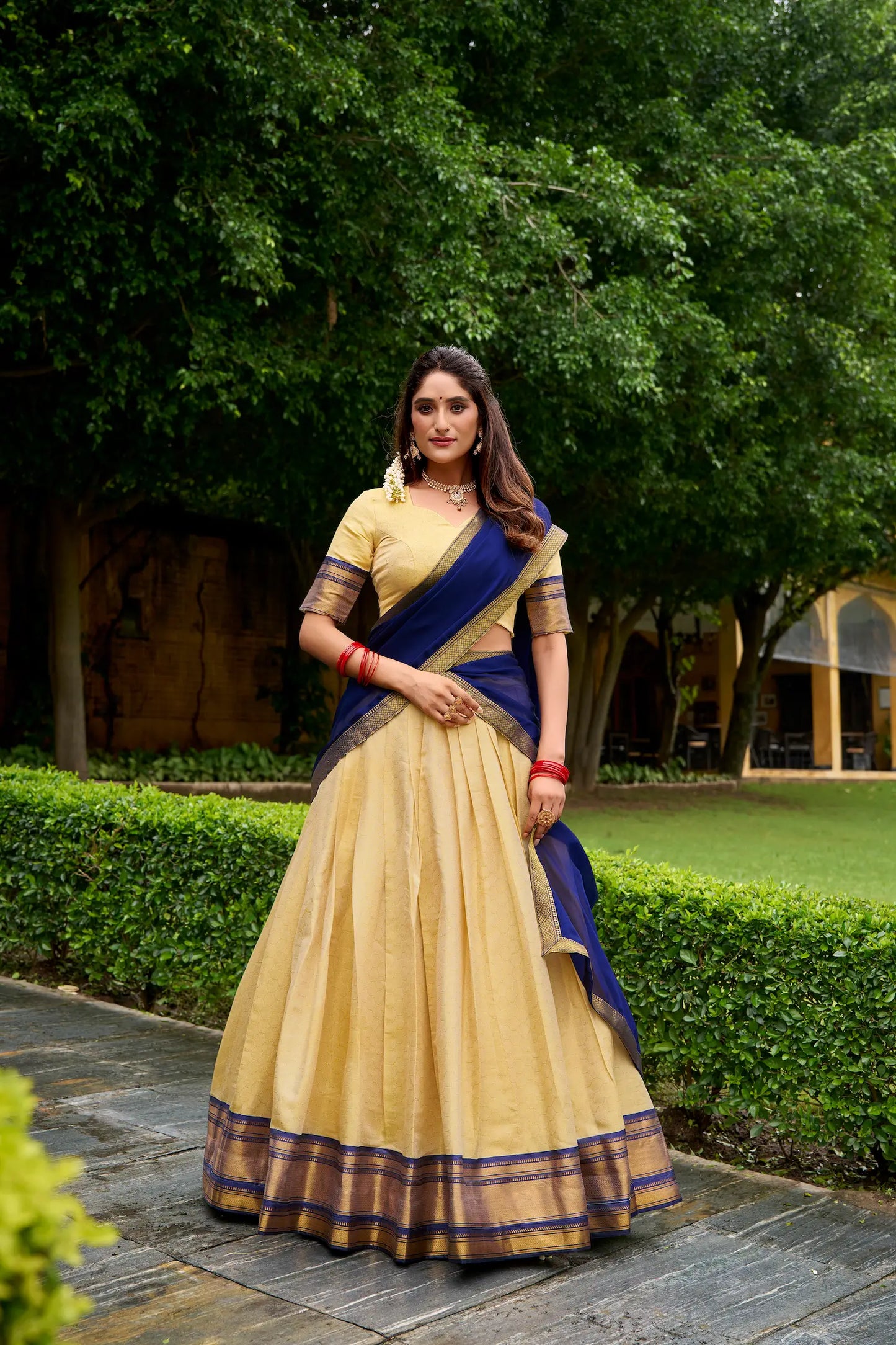Beige-Navy Blue Zari Weaving  Kanchipuram Lehenga Choli