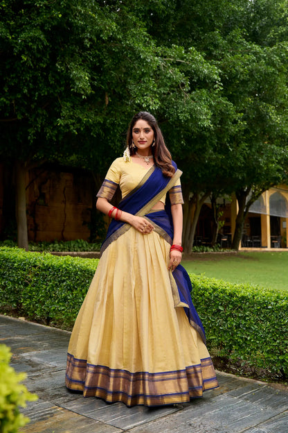 Beige-Navy Blue Zari Weaving  Kanchipuram Lehenga Choli