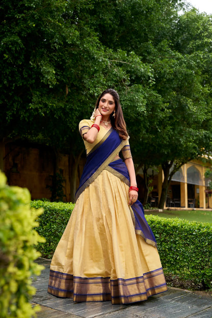 Beige-Navy Blue Zari Weaving  Kanchipuram Lehenga Choli