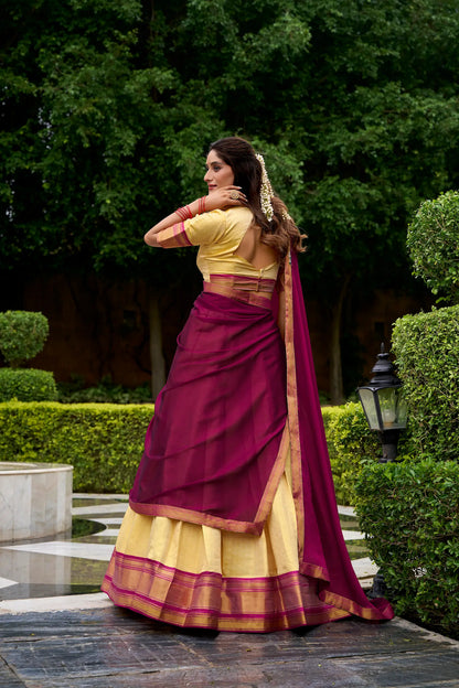Beige-Dark Pink Zari Weaving  Kanchipuram Lehenga Choli