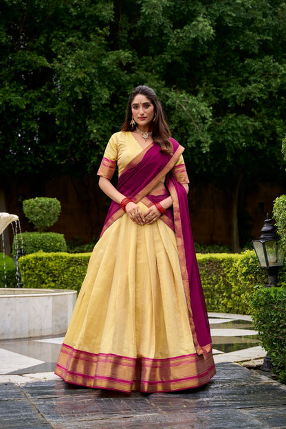 Beige-Dark Pink Zari Weaving  Kanchipuram Lehenga Choli