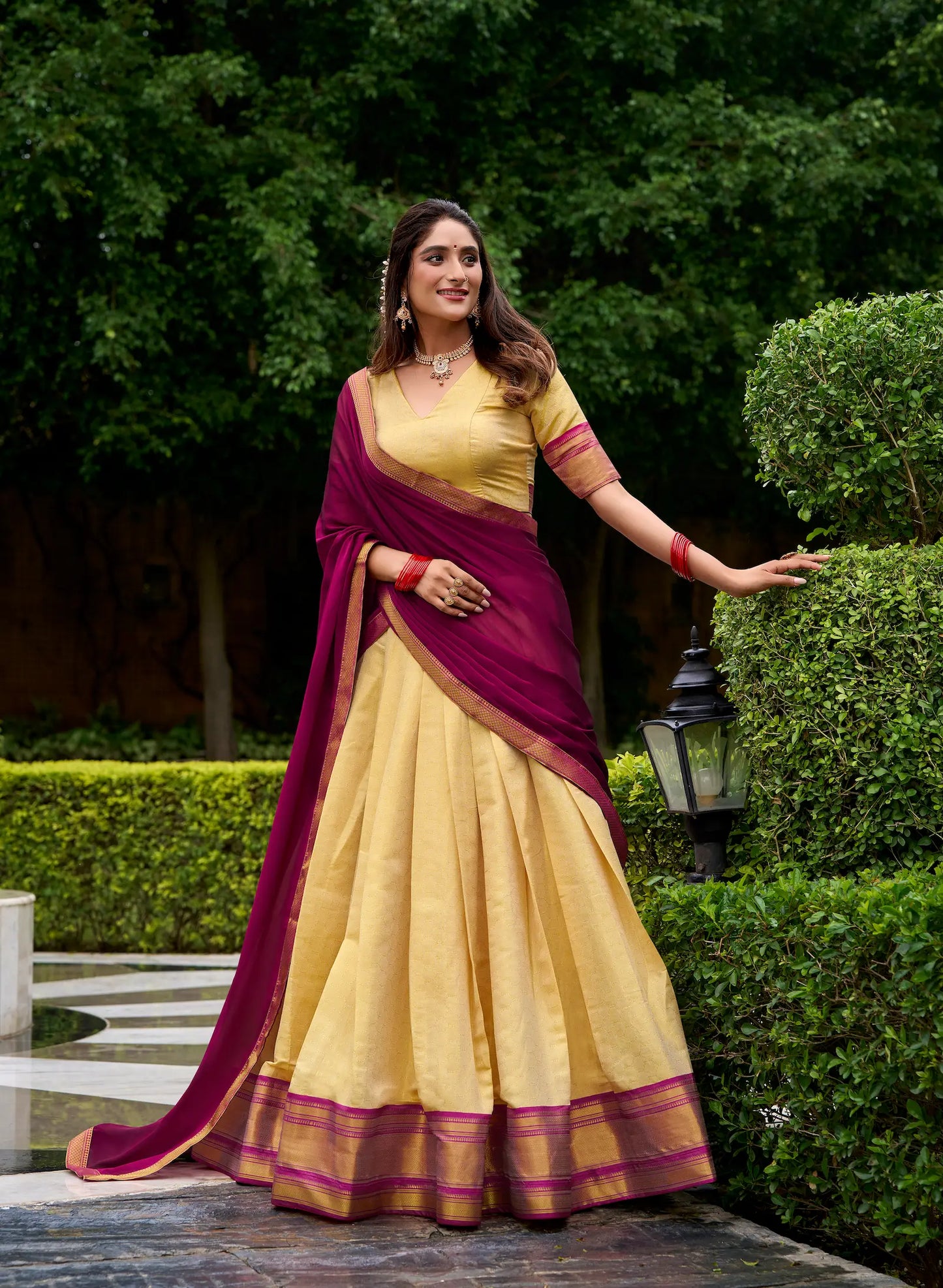 Beige-Dark Pink Zari Weaving  Kanchipuram Lehenga Choli