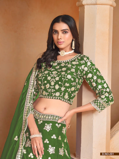 Green Organza Lehenga Choli With Thread & Sequence Embroidery Work