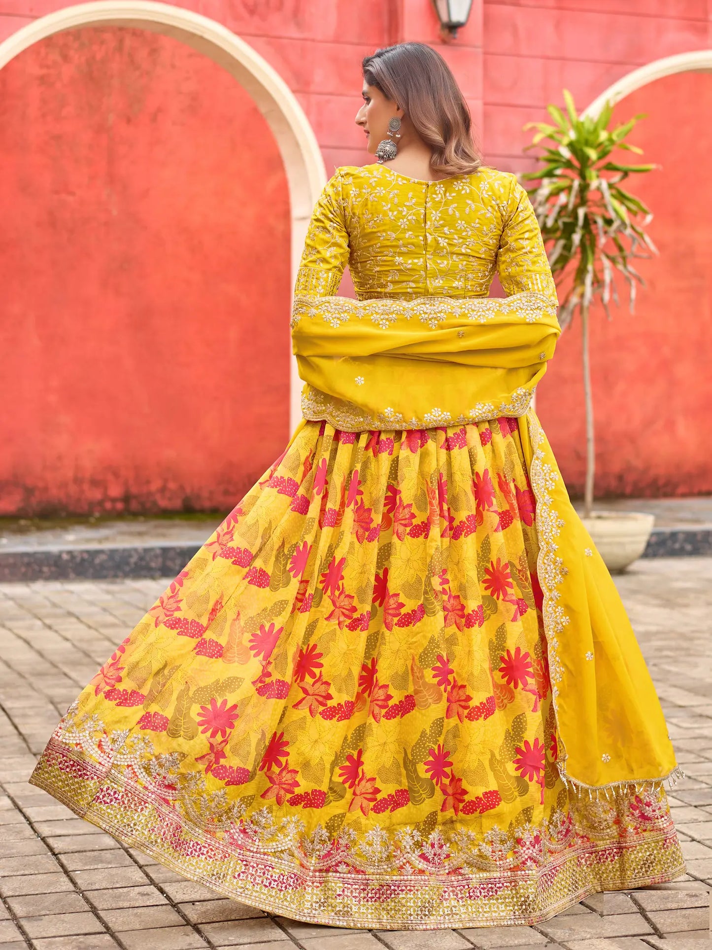 Yellow Taby Silk Floral Print & Embroidery Work Lehenga Choli