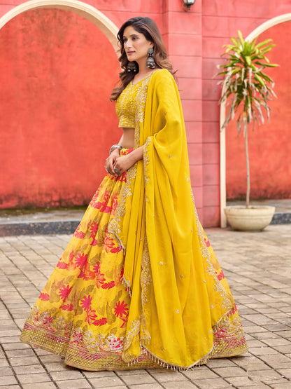 Yellow Taby Silk Floral Print & Embroidery Work Lehenga Choli