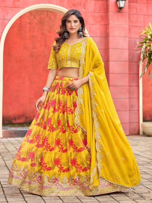Yellow Taby Silk Floral Print & Embroidery Work Lehenga Choli