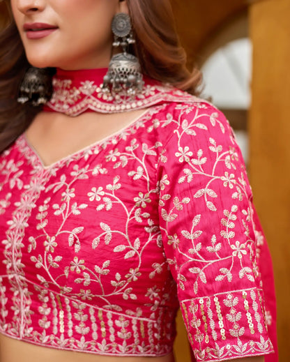 Hot Pink Taby Silk Floral Print & Embroidery Work Lehenga Choli