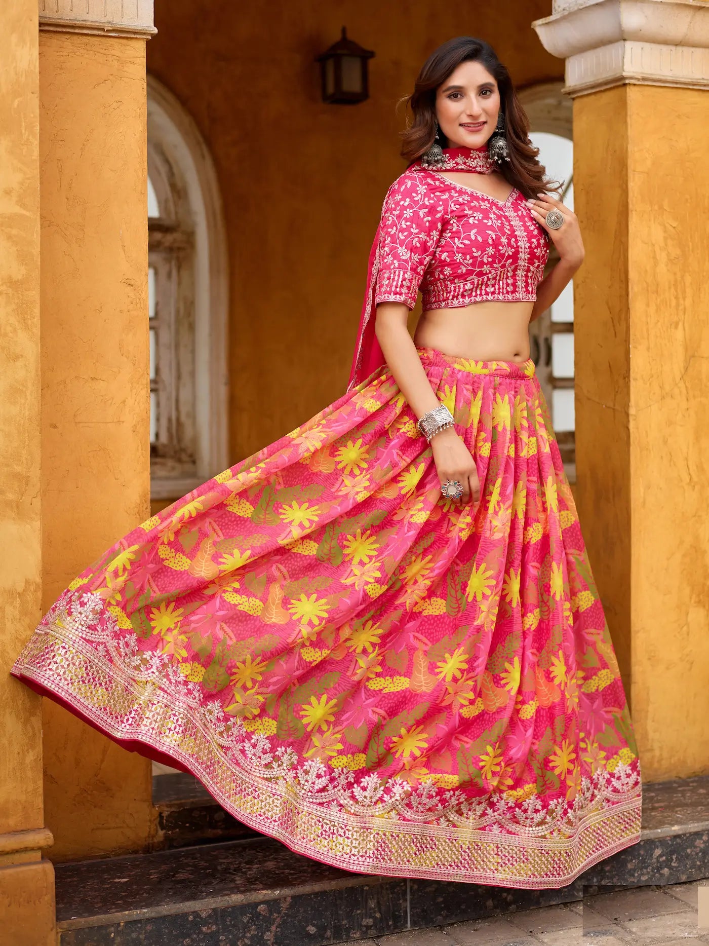 Hot Pink Taby Silk Floral Print & Embroidery Work Lehenga Choli