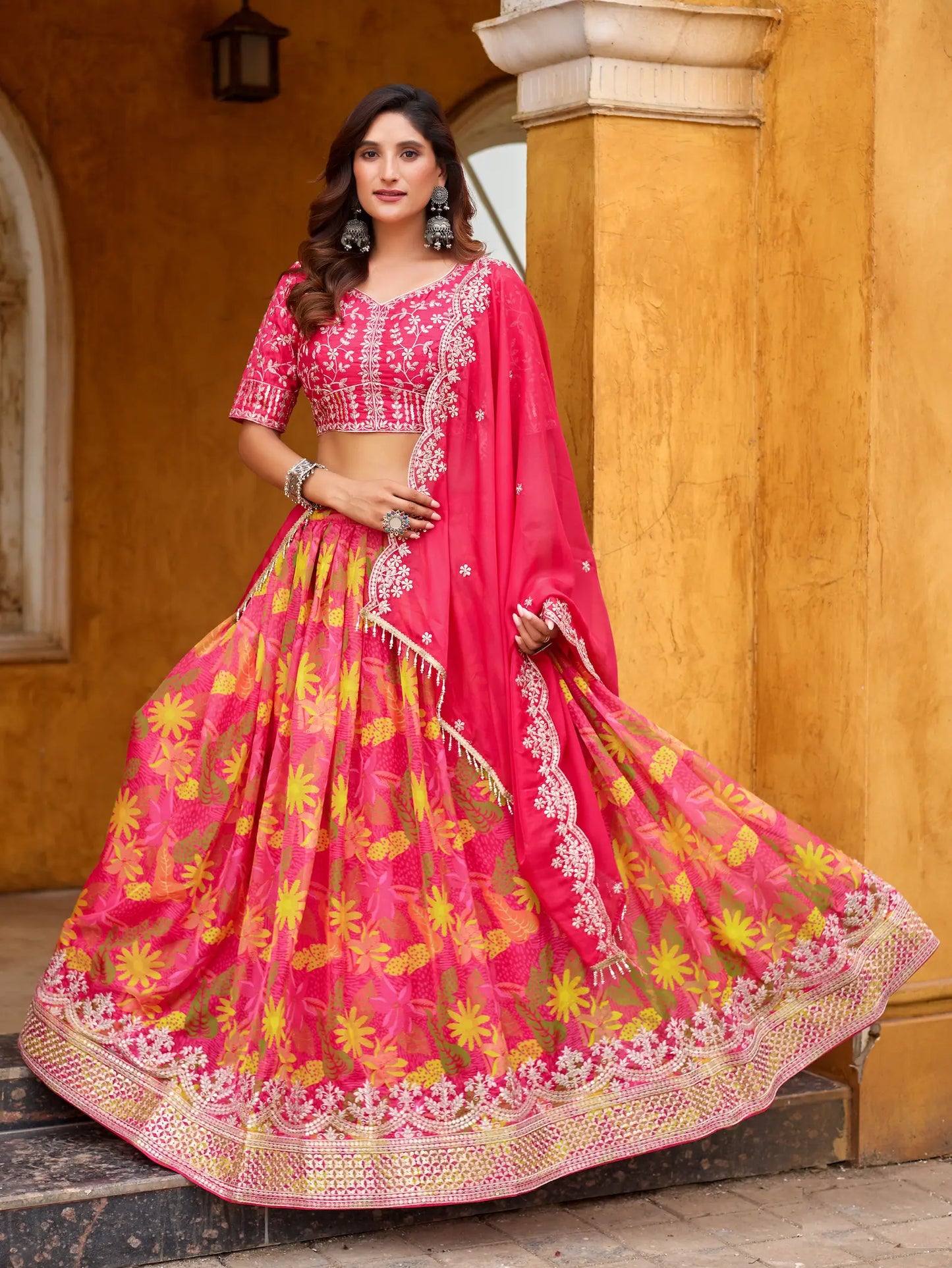 Hot Pink Taby Silk Floral Print & Embroidery Work Lehenga Choli