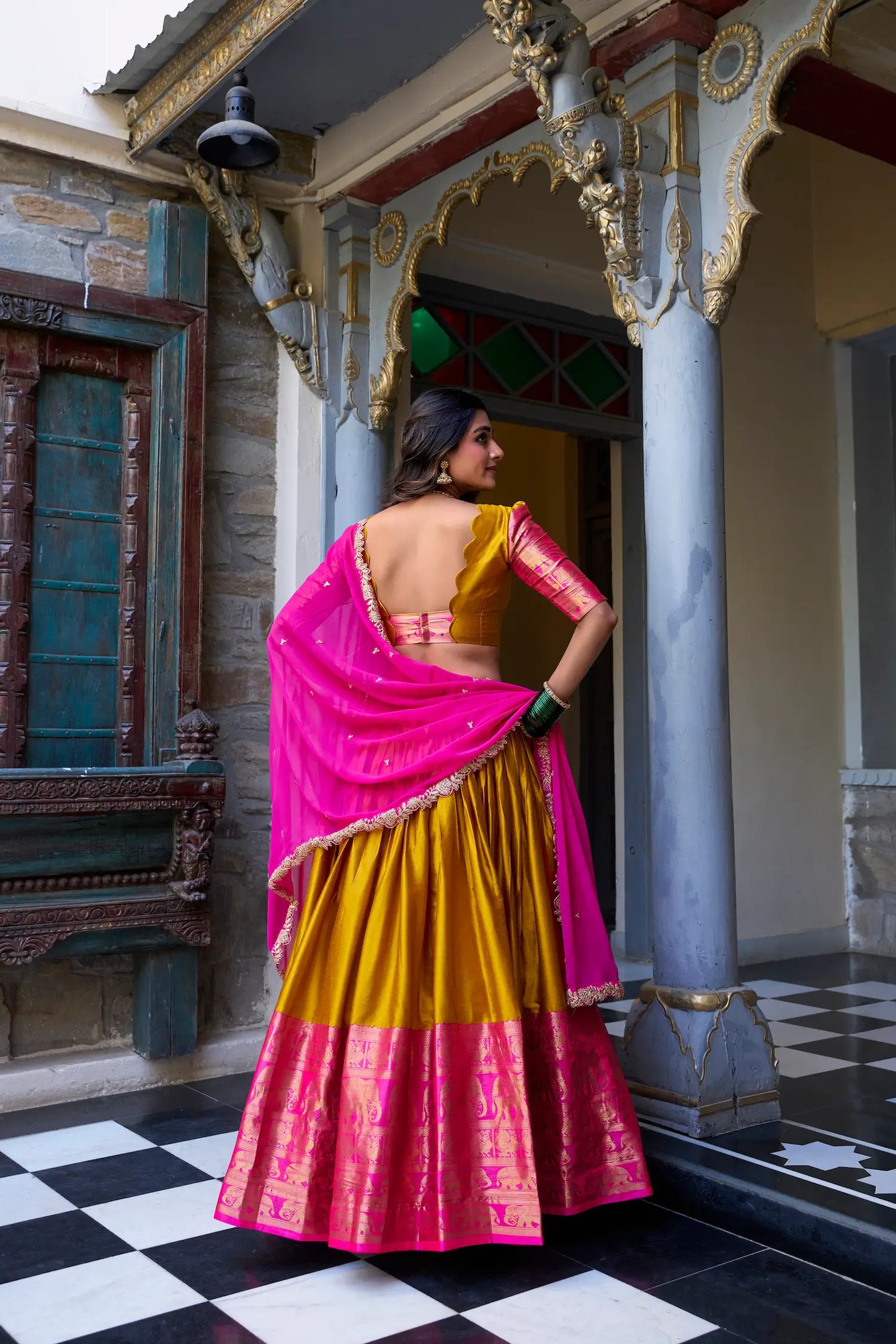 Mustard South Indian Lehenga choli With Zari Weaving Work & Sequins Embroidery