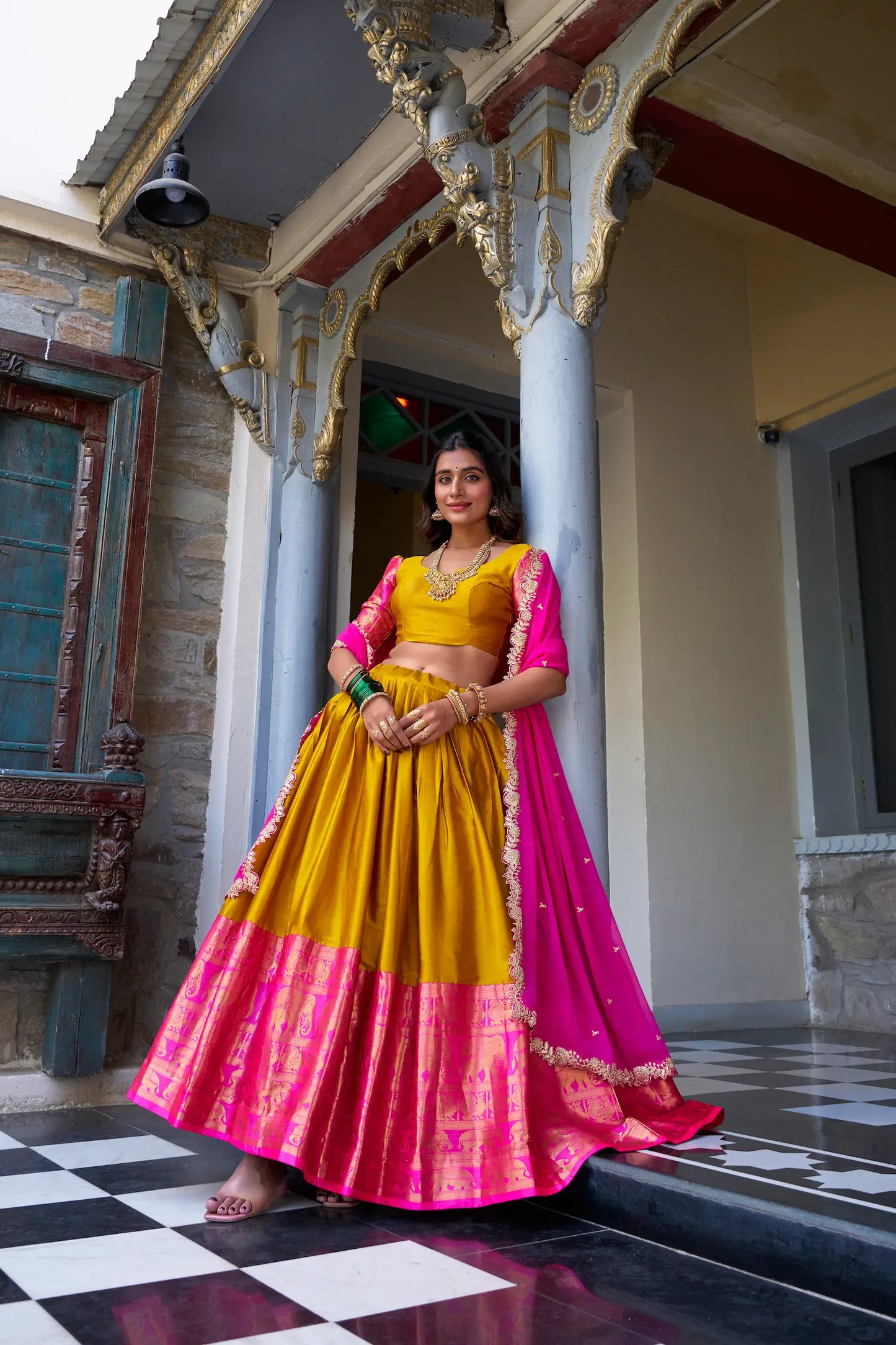 Mustard South Indian Lehenga choli With Zari Weaving Work & Sequins Embroidery