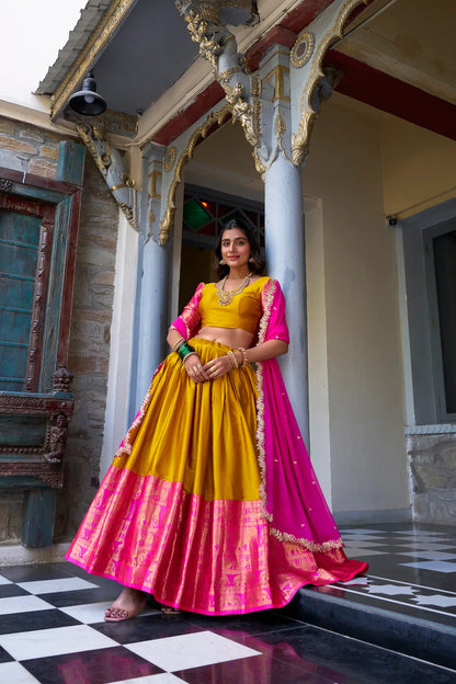 Mustard South Indian Lehenga choli With Zari Weaving Work & Sequins Embroidery