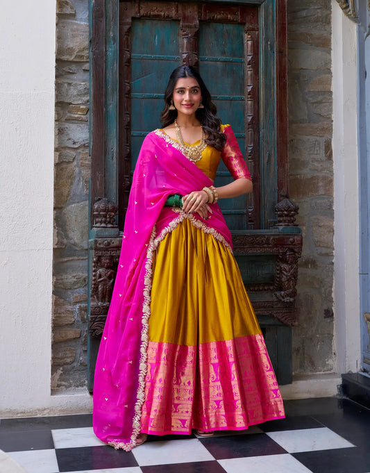 Mustard South Indian Lehenga choli With Zari Weaving Work & Sequins Embroidery