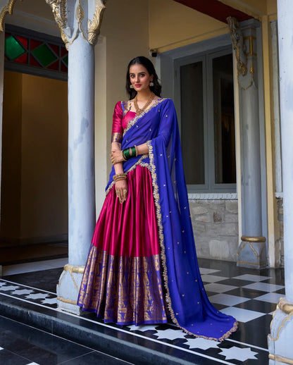 Dark Pink South Indian Lehenga choli With Zari Weaving Work & Sequins Embroidery