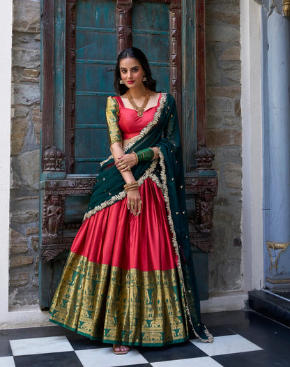 Red South Indian Lehenga choli With Zari Weaving Work & Sequins Embroidery