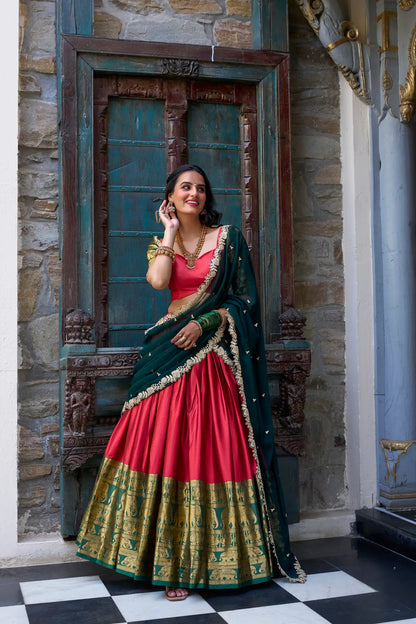 Red South Indian Lehenga choli With Zari Weaving Work & Sequins Embroidery