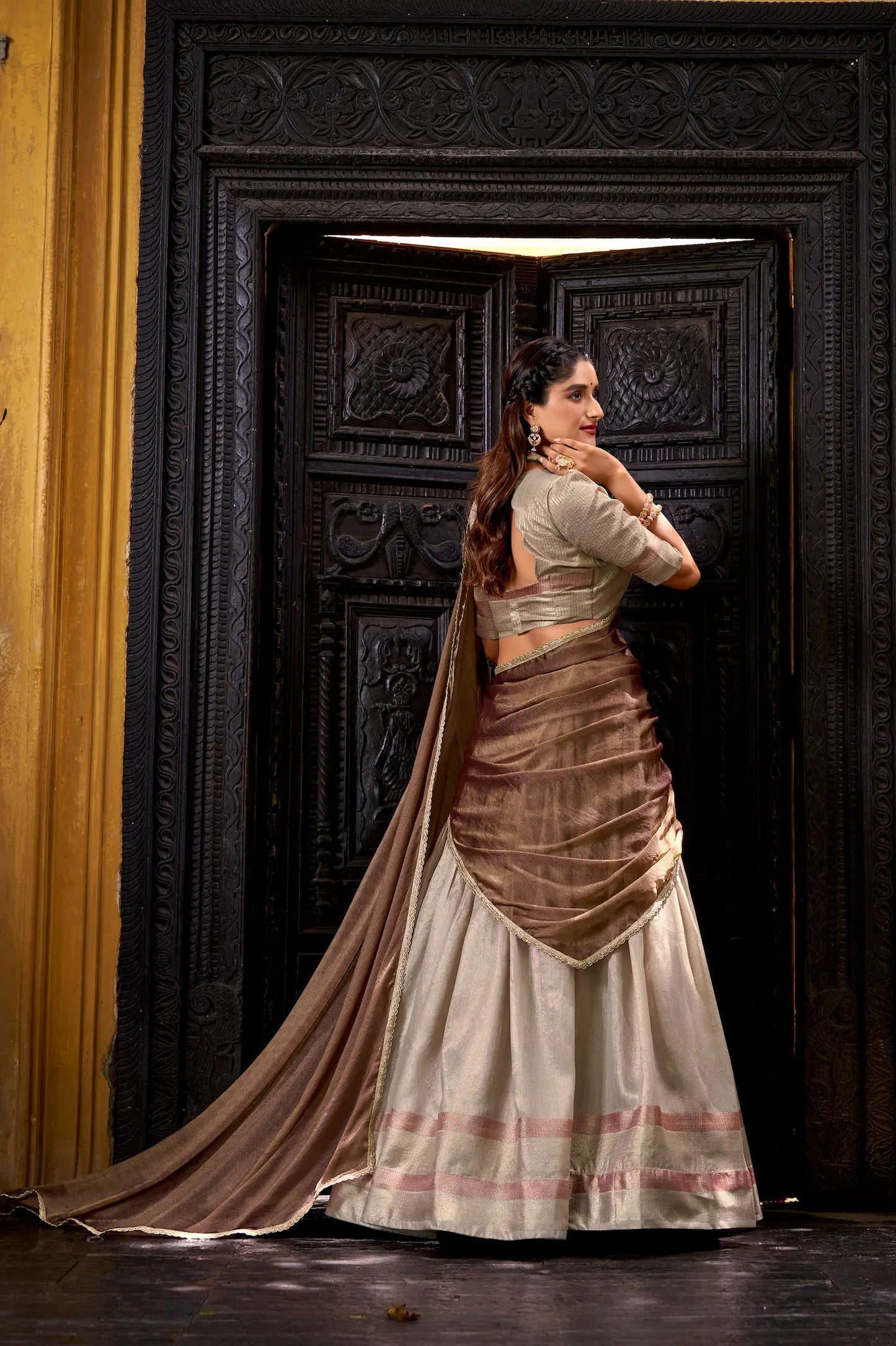 Sand Beige Dhupian Silk Zari Weaving Lehenga Choli