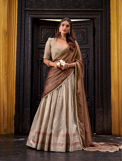 Sand Beige Dhupian Silk Zari Weaving Lehenga Choli