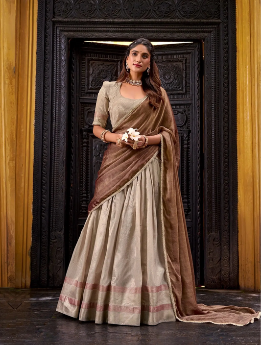 Sand Beige Dhupian Silk Zari Weaving Lehenga Choli