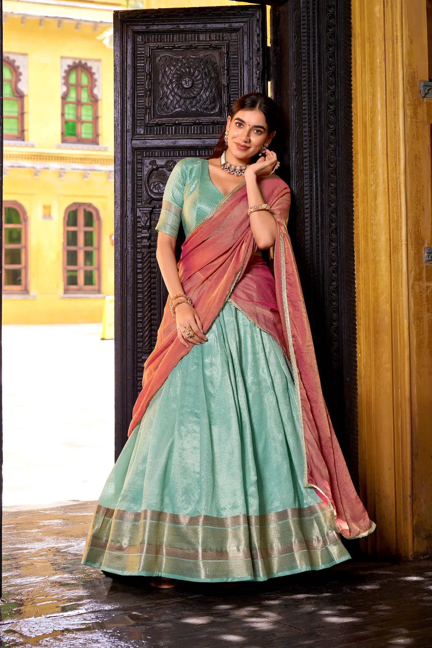Sea Blue Dhupian Silk Zari Weaving Lehenga Choli