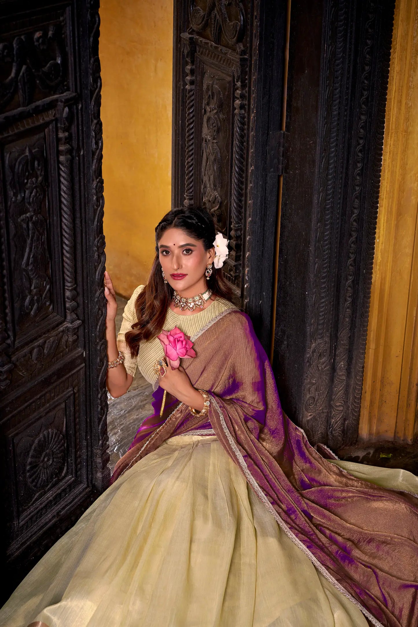 Tan Yellow Dhupian Silk Zari Weaving Lehenga Choli